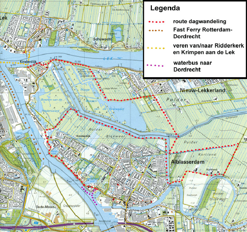 Kaart van de rondwandeling bij Kinderdijk