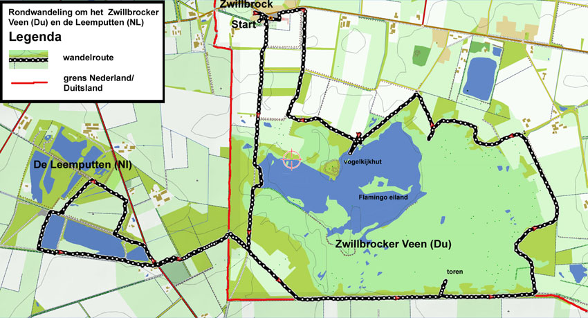 Kaart van de rondwandeling om het Zwillbrocker Veen en de Leemputten