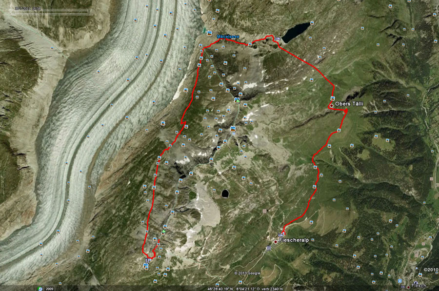 Kaart van de dagwandeling langs de Aletschgletsjer