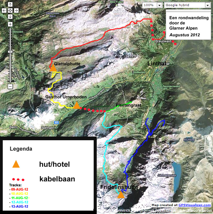 Grote kaart van de gelopen route in de Glarner Alpen