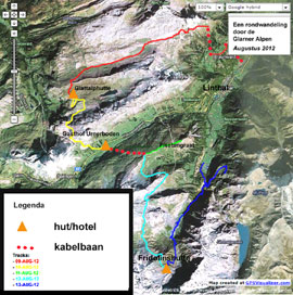 Kaartje van de tocht in de Glarne Alpen