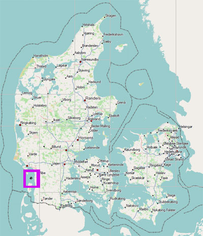 De ligging van Mando op de kaart van Denemarken